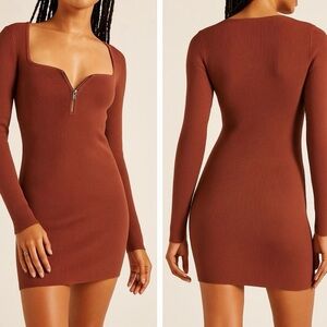 Abercrombie & Fitch Ribbed Zip-Front Mini Dress in Rust